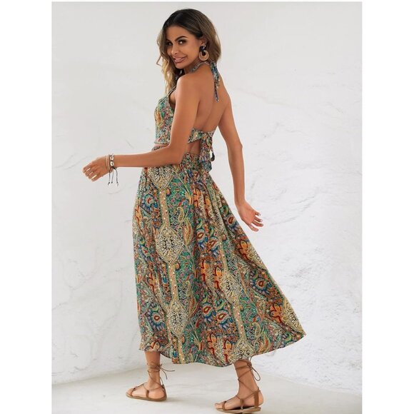 ✌️ 2/$40 ✌️ Women's Boho Paisley Halter Backless Crop Top and Long Skirt Large - Picture 4 of 4